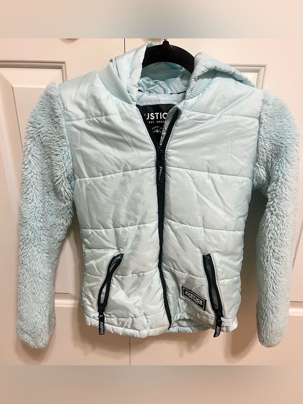 Justice Light Mint Blue Hooded Puffer Jacket with Faux-Fur Sleeves